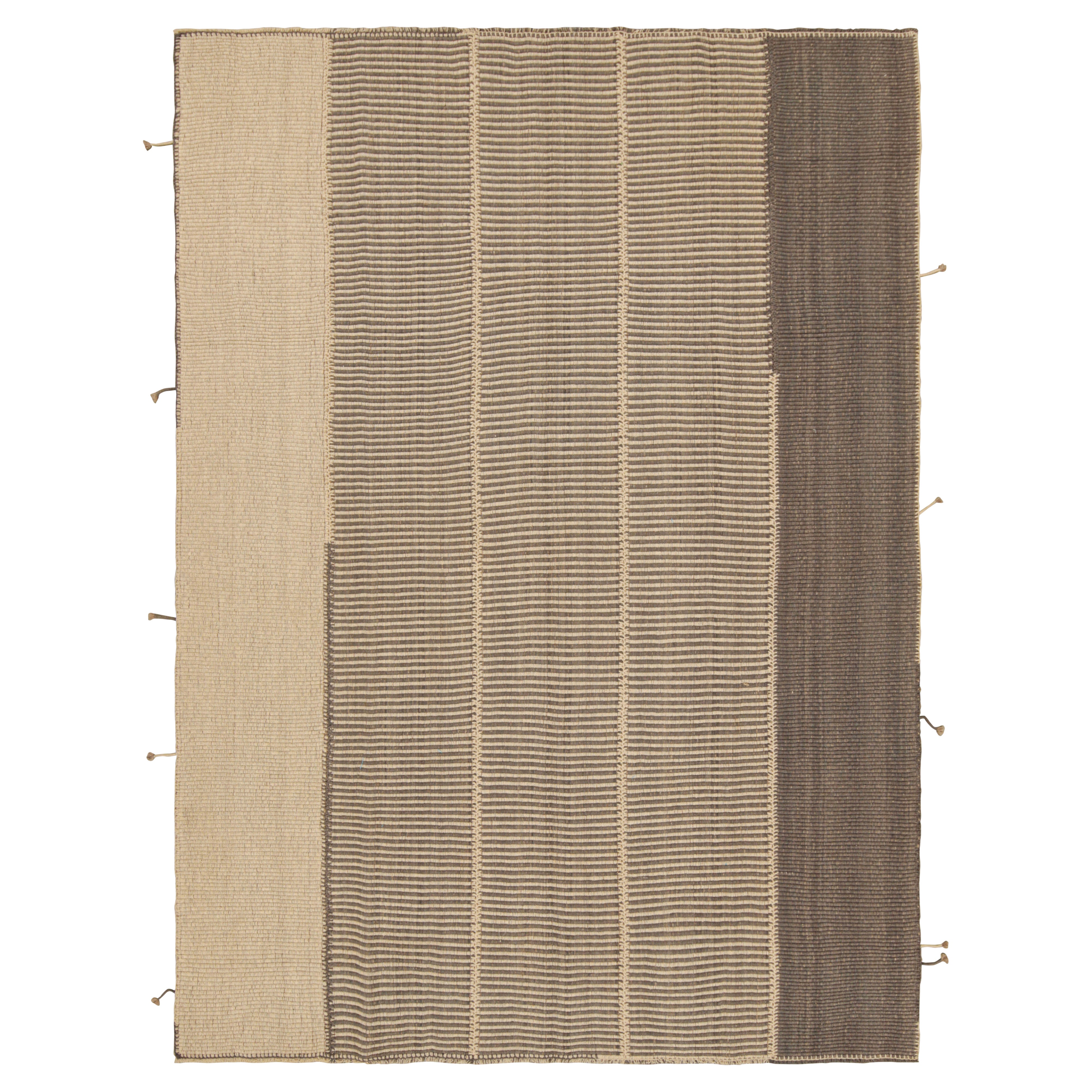 Rug & Kilim’s Contemporary Kilim with Textural Beige and Brown Stripes For Sale