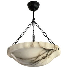 Art Deco White & Black Alabaster Pendant w. Great Shade & Blackened Brass Canopy
