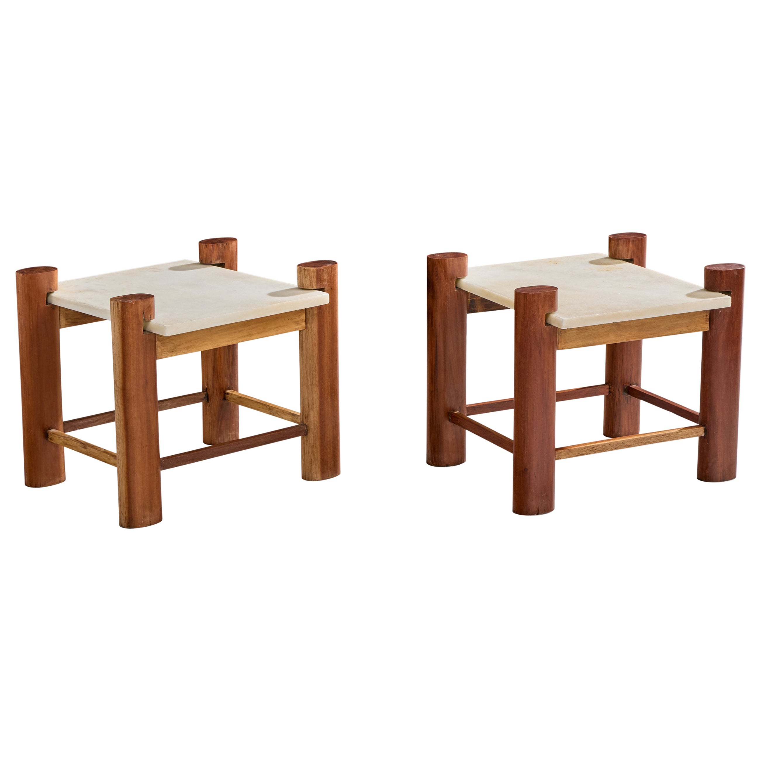 Brazilian Designer, Side Tables, Wood, Marble, Brazil, 1960s