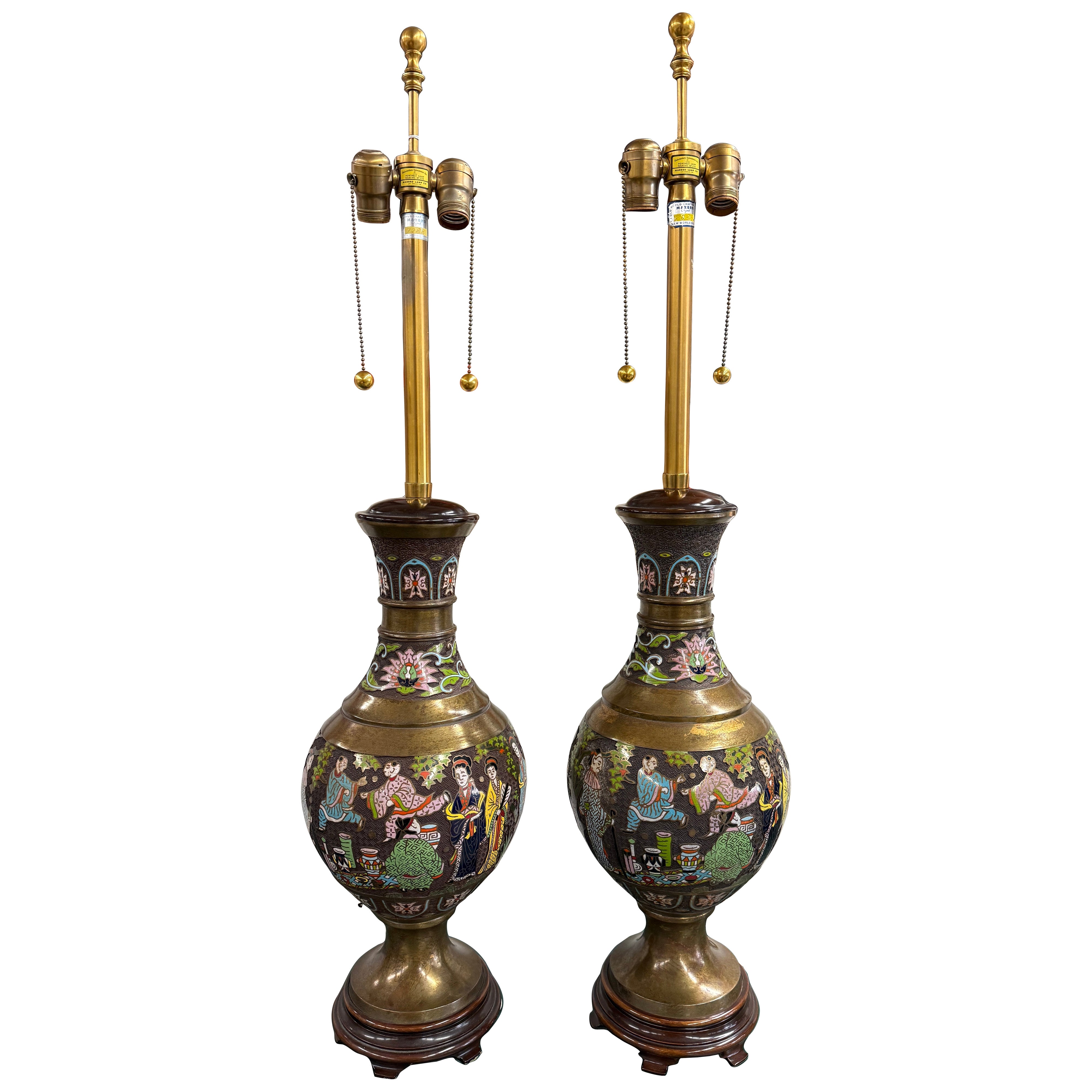 Pair or Marbro Chinese Champleve Enamel Lamps