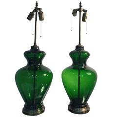 Exquisite Pair of Emerald Green Murano Glass Table Lamps by Seguso, circa 1960