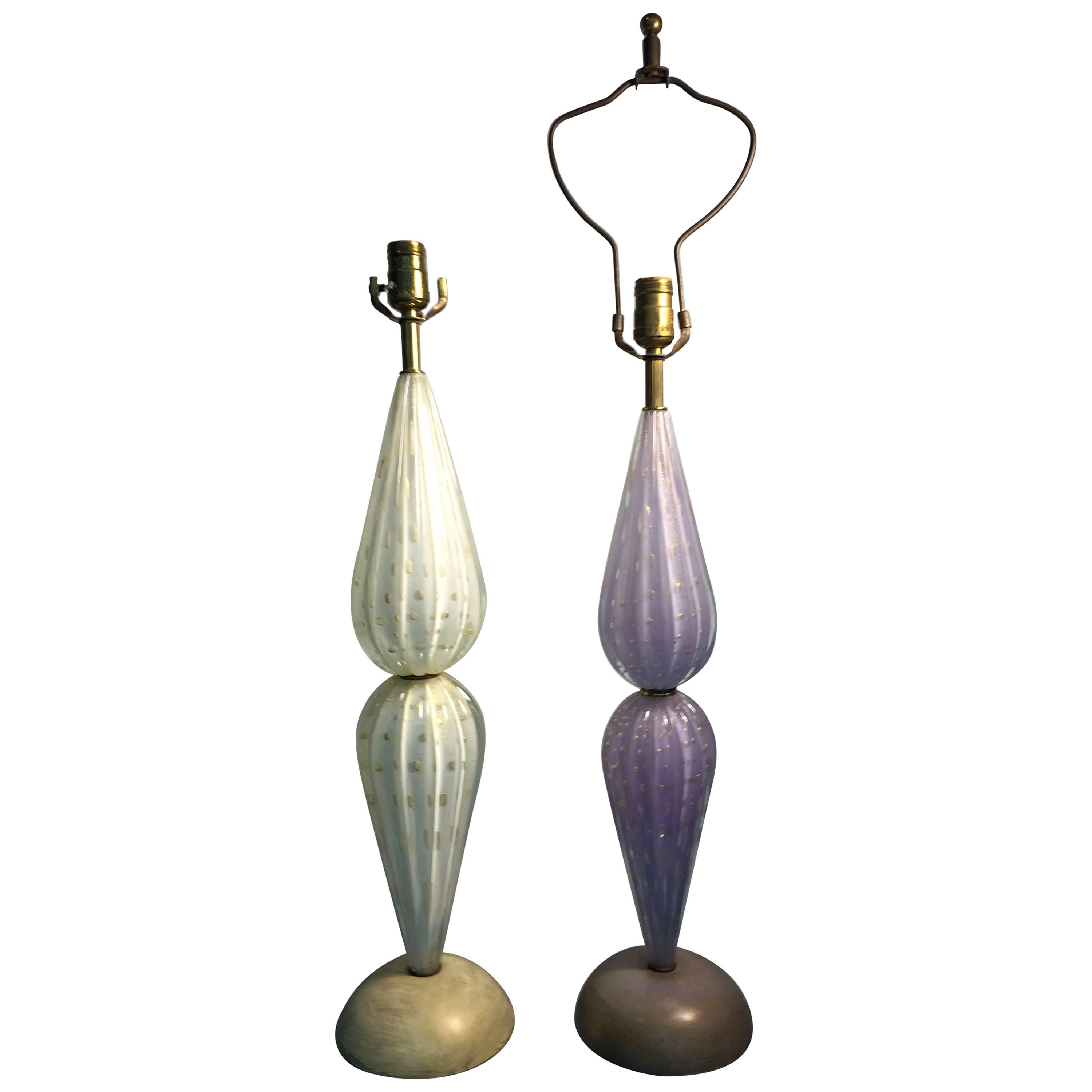 Two Terrific Barovier Table Lamps with Bullicante Bubbles and Gold Inclusions For Sale
