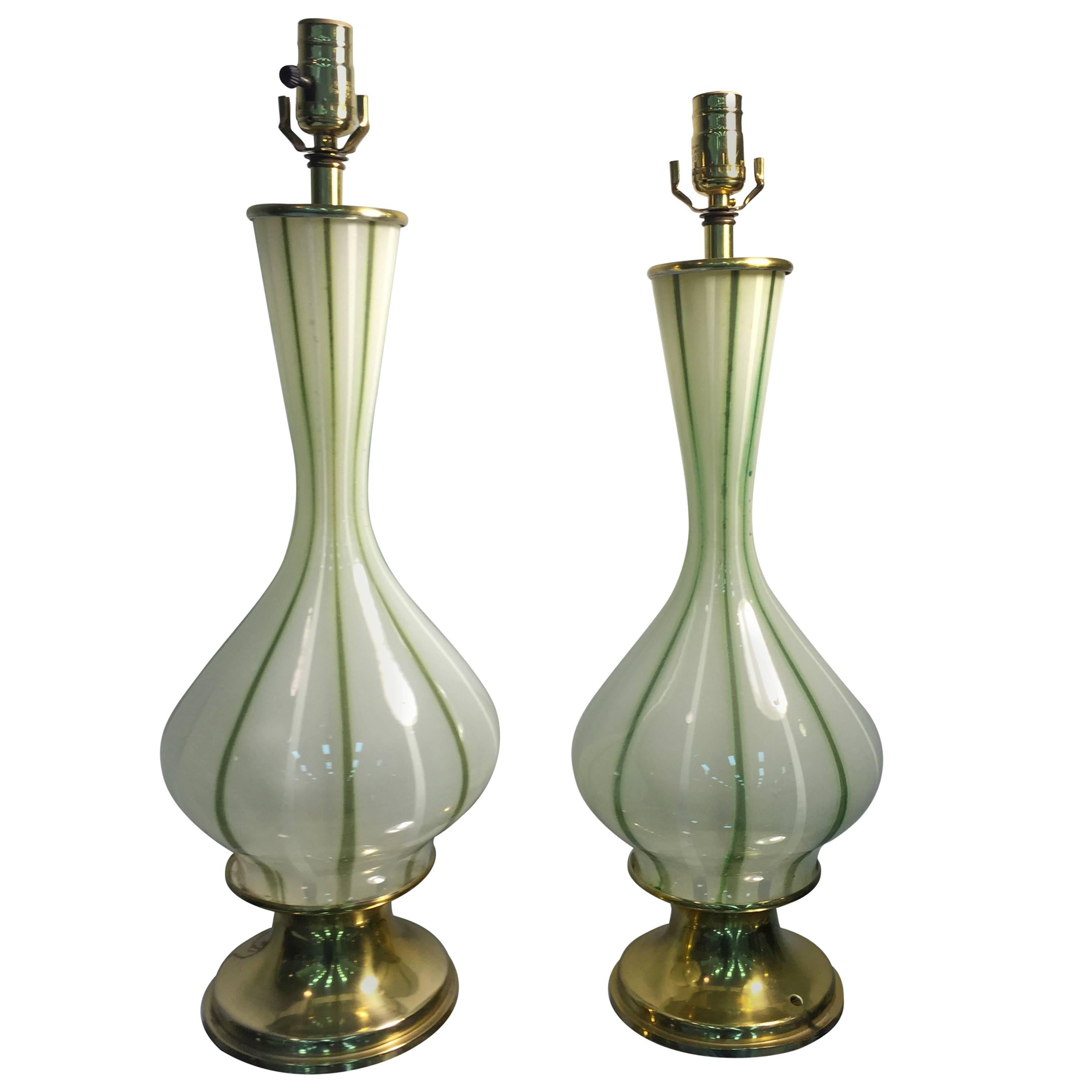 Lovely Pair of Italian White and Green Striped Murano Glass Table Lamps For Sale