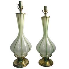 Lovely Pair of Italian White and Green Striped Murano Glass Table Lamps