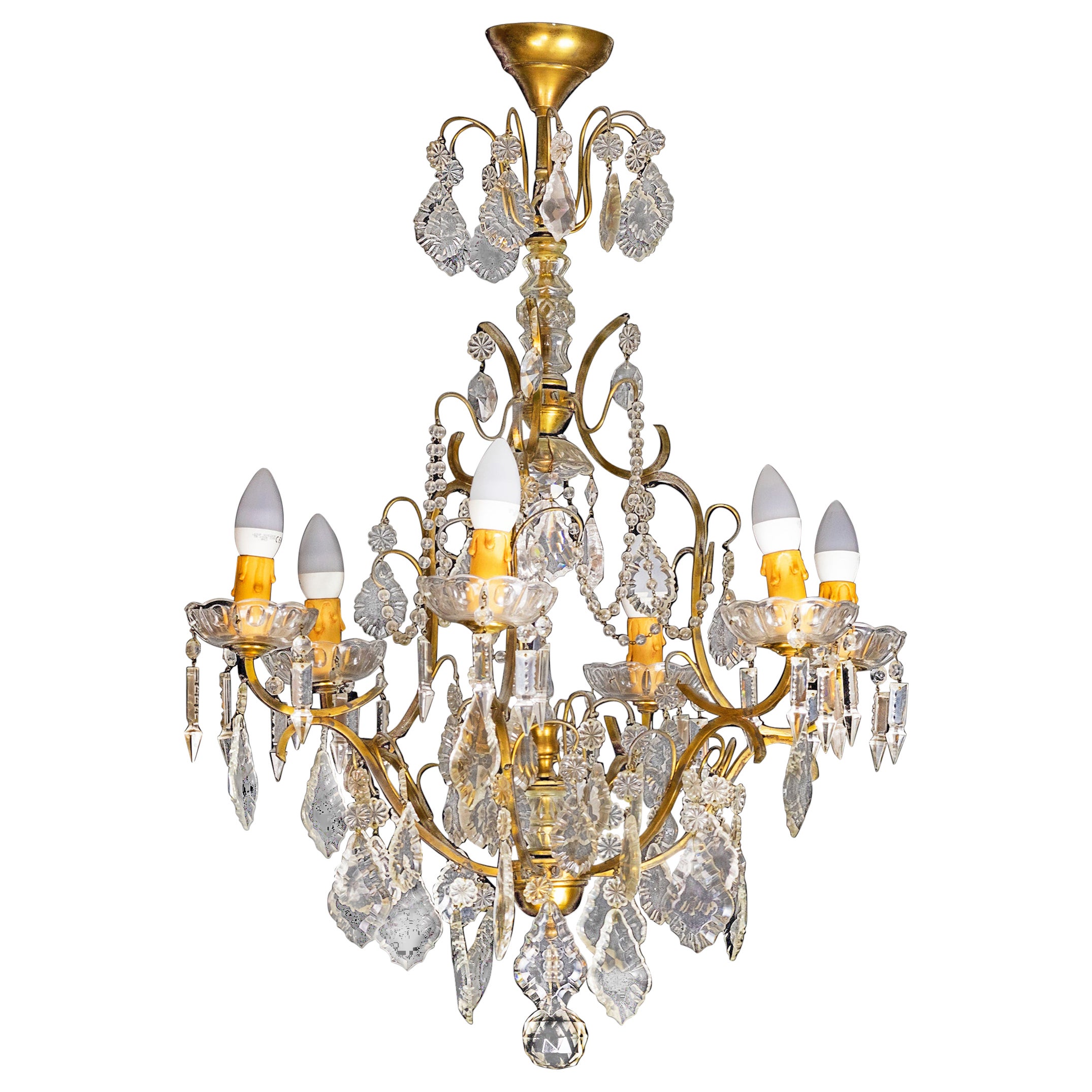 Louis XV Bronze Crystal Chandelier, Six Lights, 1800s