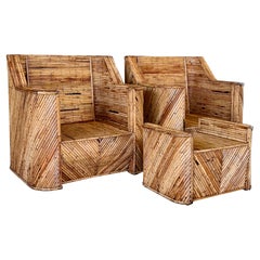 Mid-20th Century Organic Modern Restored Split Rattan Club Lounge Chairs and Ott