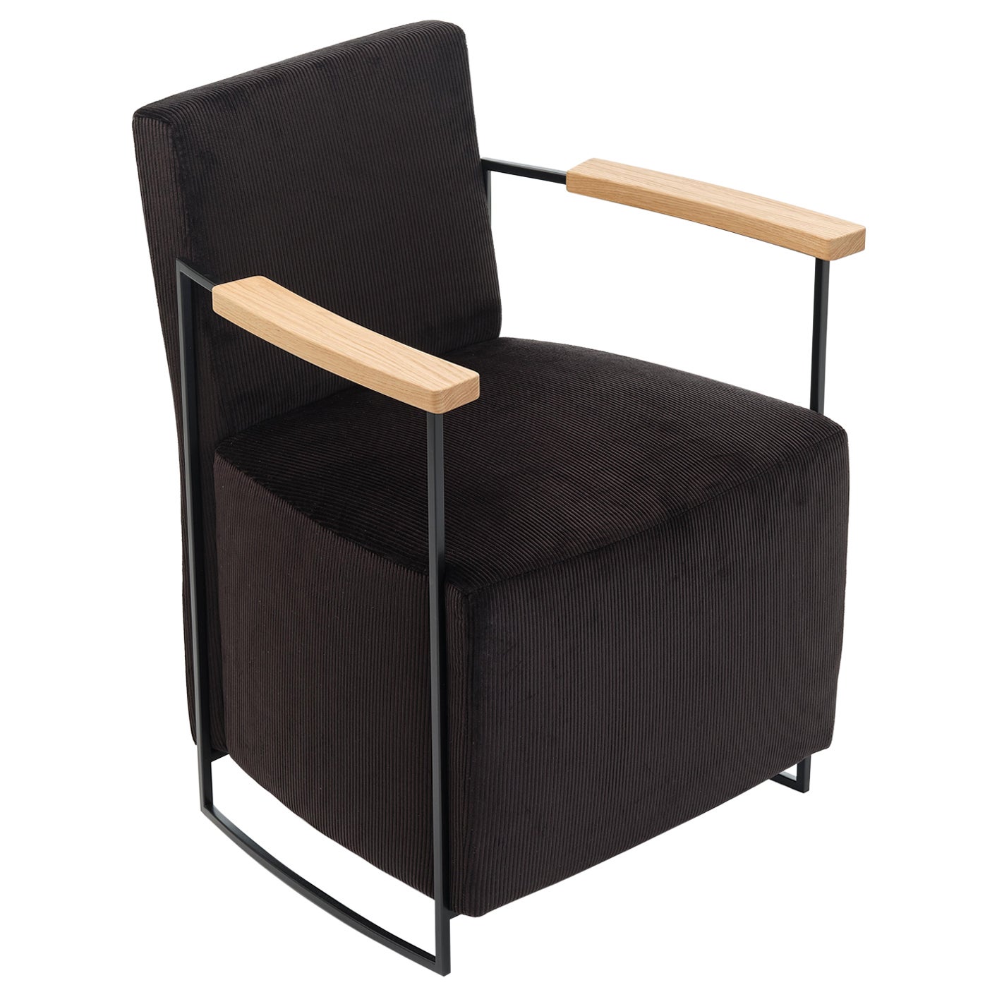 21st Century Modern Small Armchair in Cotton Corduroy with Solid Oak Armrests