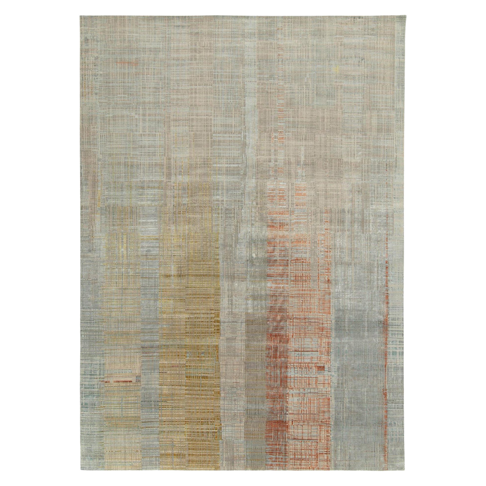 Rug & Kilim’s Modern Rug in a Blue, Gold and Grey Abstract Geometric Pattern