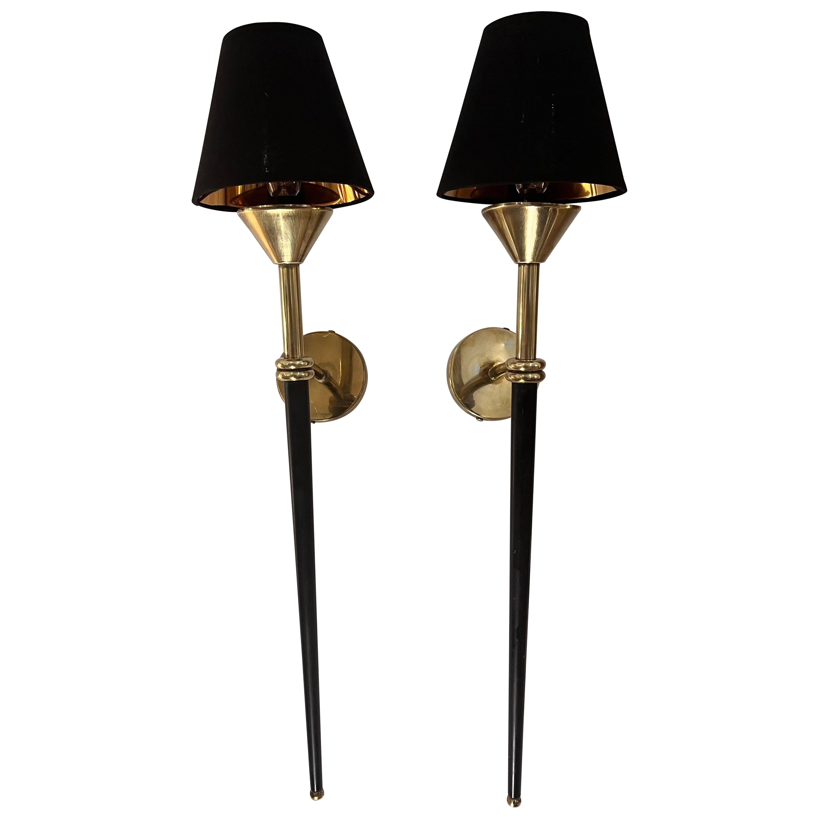 Mid Century Pair of Wall Sconces by Maison Lunel in Brass and Lacquered Metal