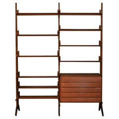Large Teak Bookcase with Shelves, Drawers, and Brass feet. Italy 1960