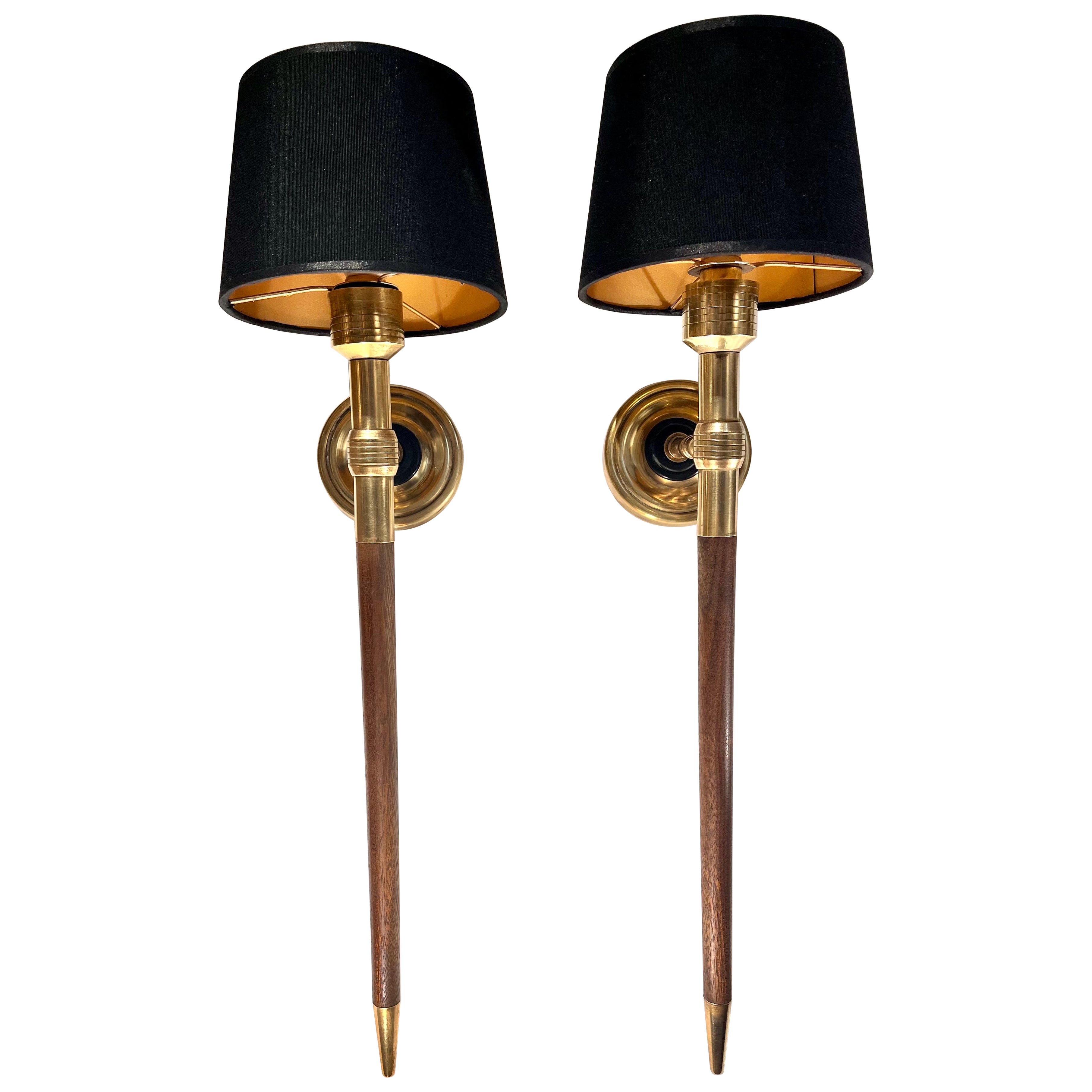 Mid Century Pair of Large French Brass and Wood Wall Sconces by Maison Lancel