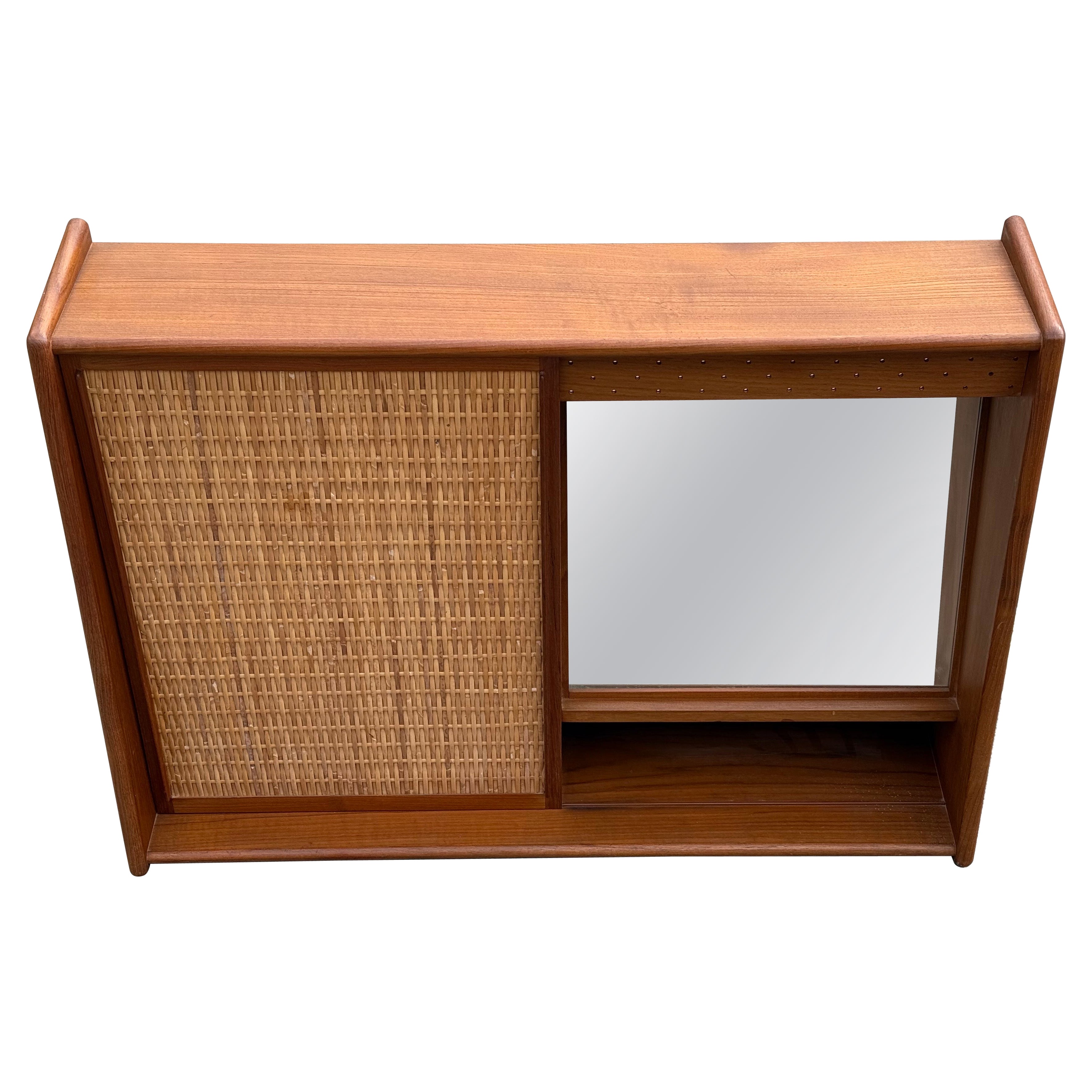 Danish mid century Teak & Cane Wall Vanity Cabinet w/ Mirror & Light, 1960s