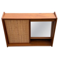 Danish mid century Teak & Cane Wall Vanity Cabinet w/ Mirror & Light, 1960s