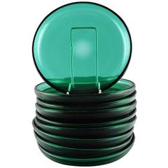 Nine Dishes in Green Art Glass, Josef Frank by Reijmyre/Gullaskruf, Sweden