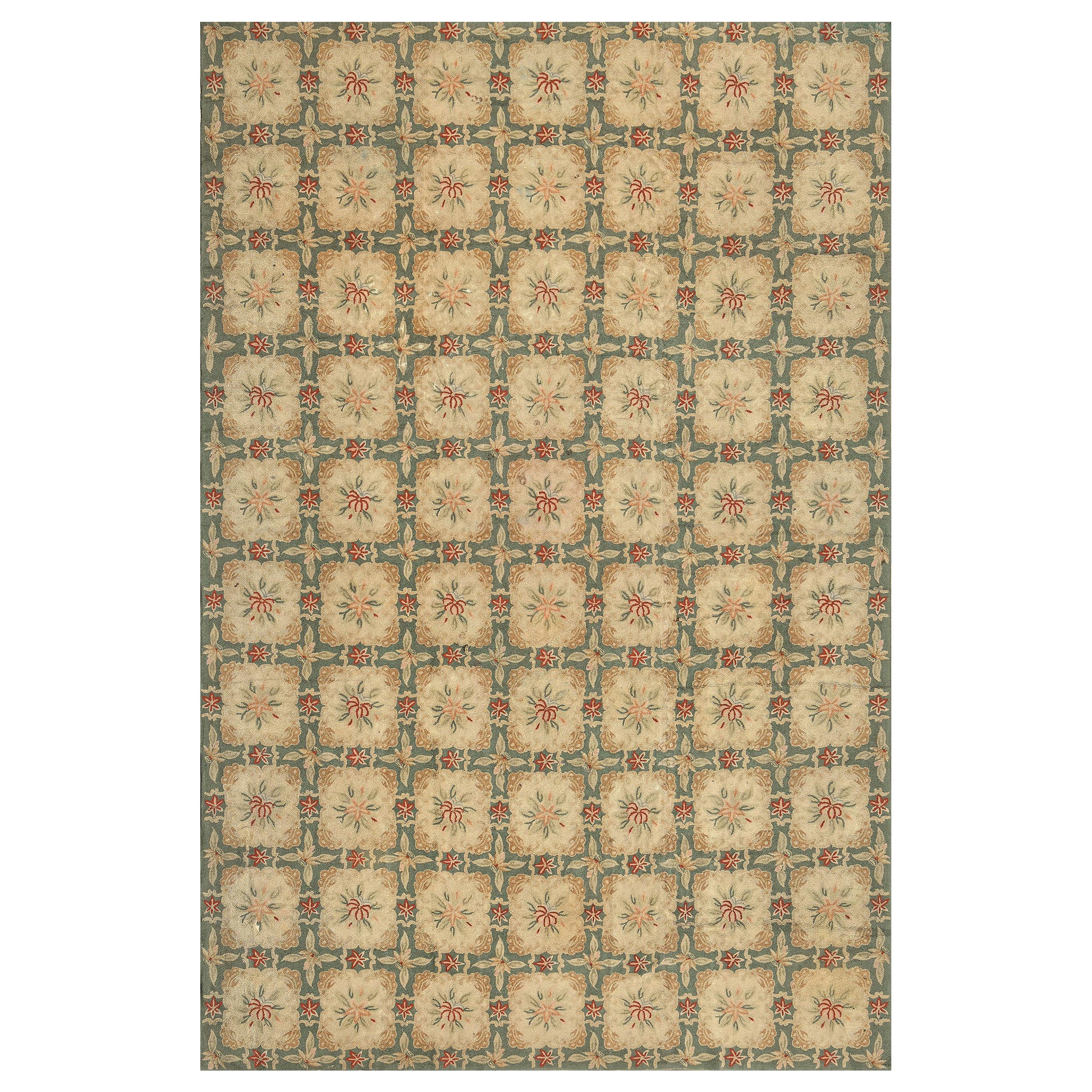 Vintage Mid-Century Handmade Wool Hooked Green Floral Rug