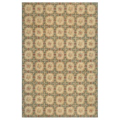Vintage Mid-Century Handmade Wool Hooked Green Floral Rug