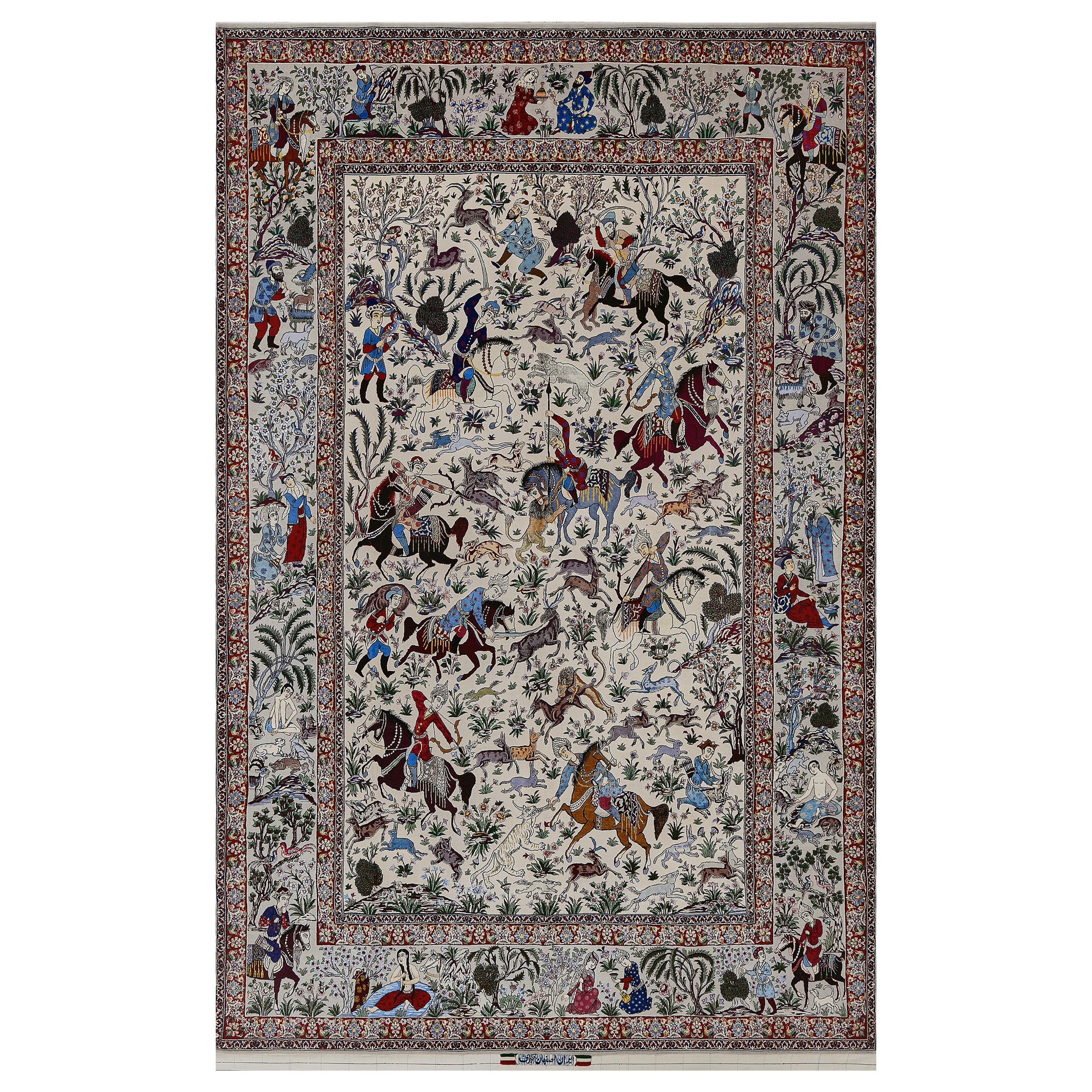 Antique Silk and Wool Signed Akbaroff Persian Isfahan Hunting Scene Rug
