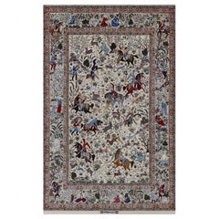 Antique Silk and Wool Signed Akbaroff Persian Isfahan Hunting Scene Rug