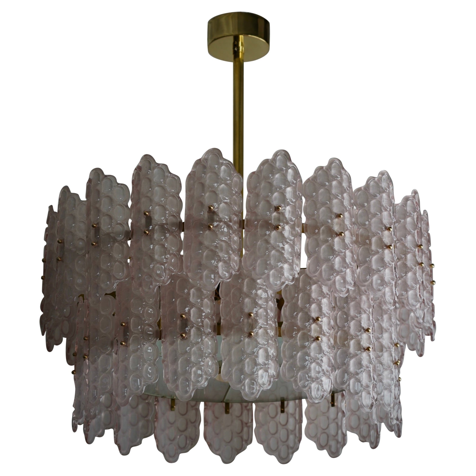 Murano Round Pink Art Glass and Brass Mid-Century Chandeliers and Pendant, 2020