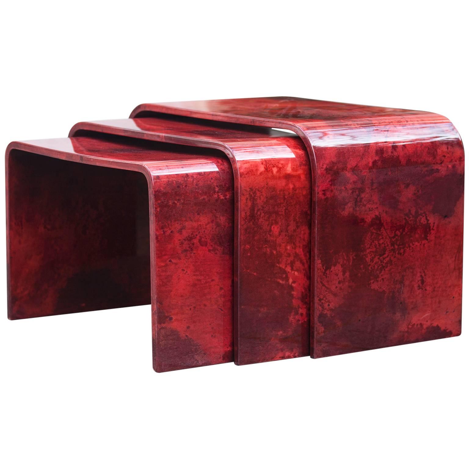 Gorgeous Aldo Tura Nesting Tables Red Goatskin