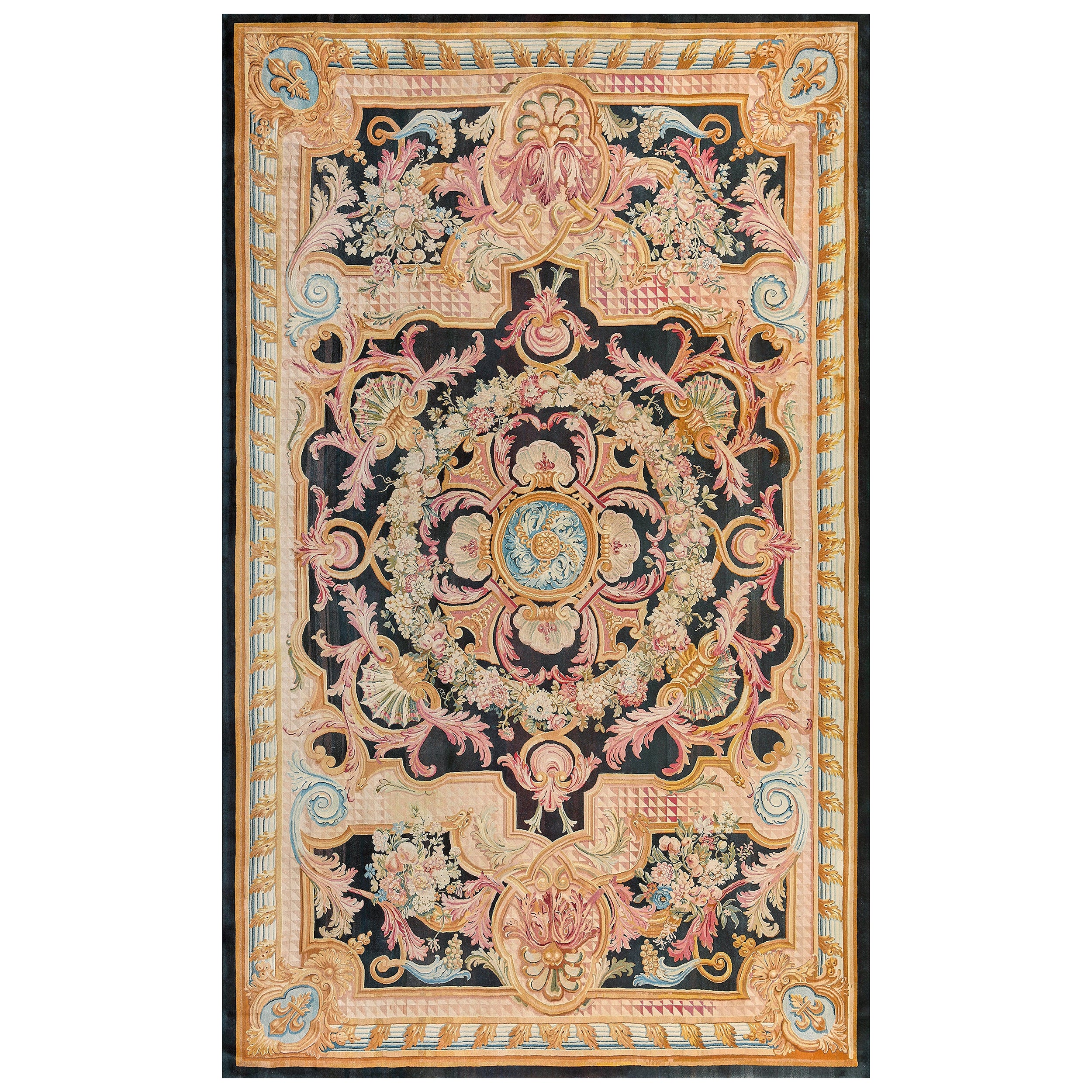 Antique Circa-1880 Charcoal Floral  French Savonnerie Rug