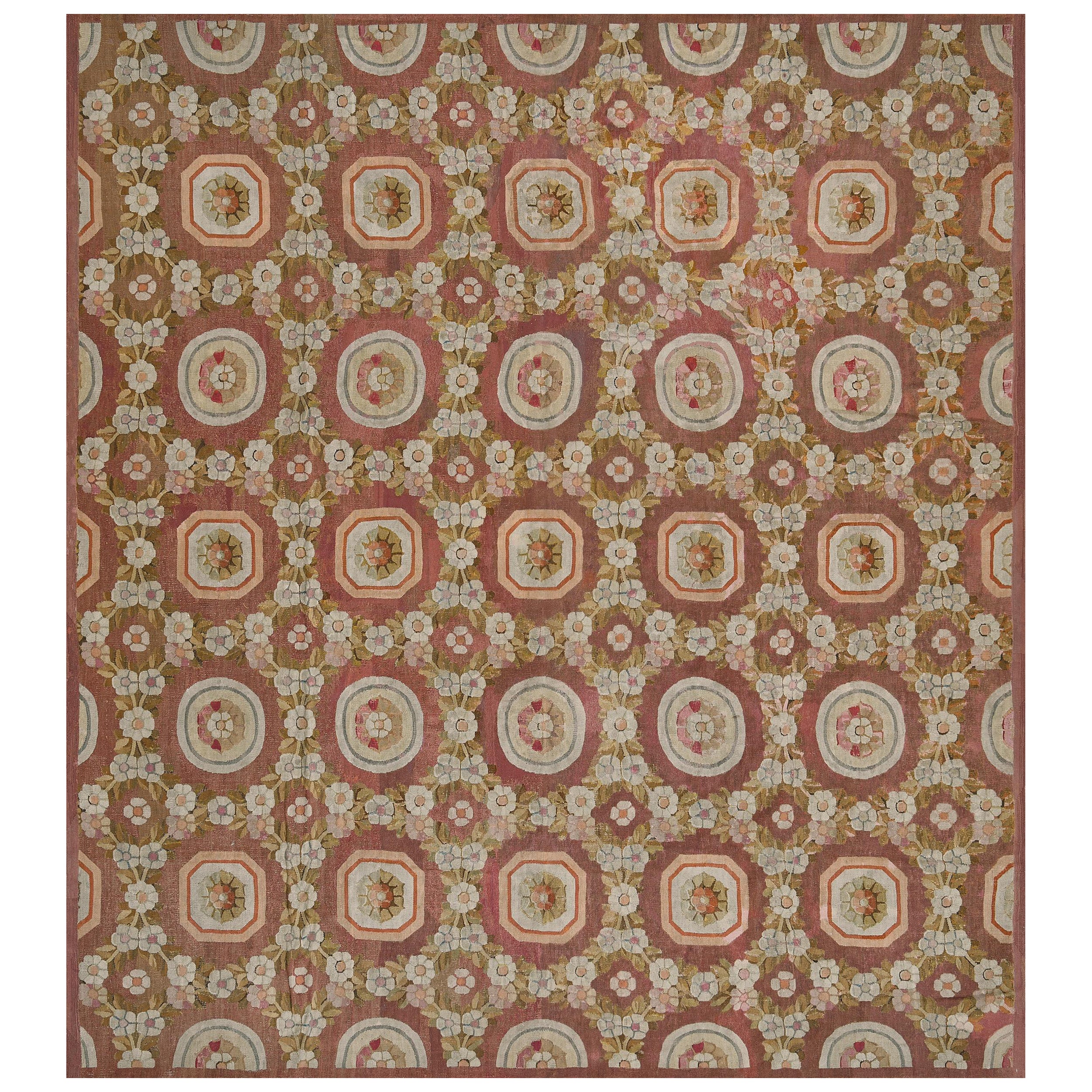 Antique Handmade Wool Mauve Floral French Aubusson Rug