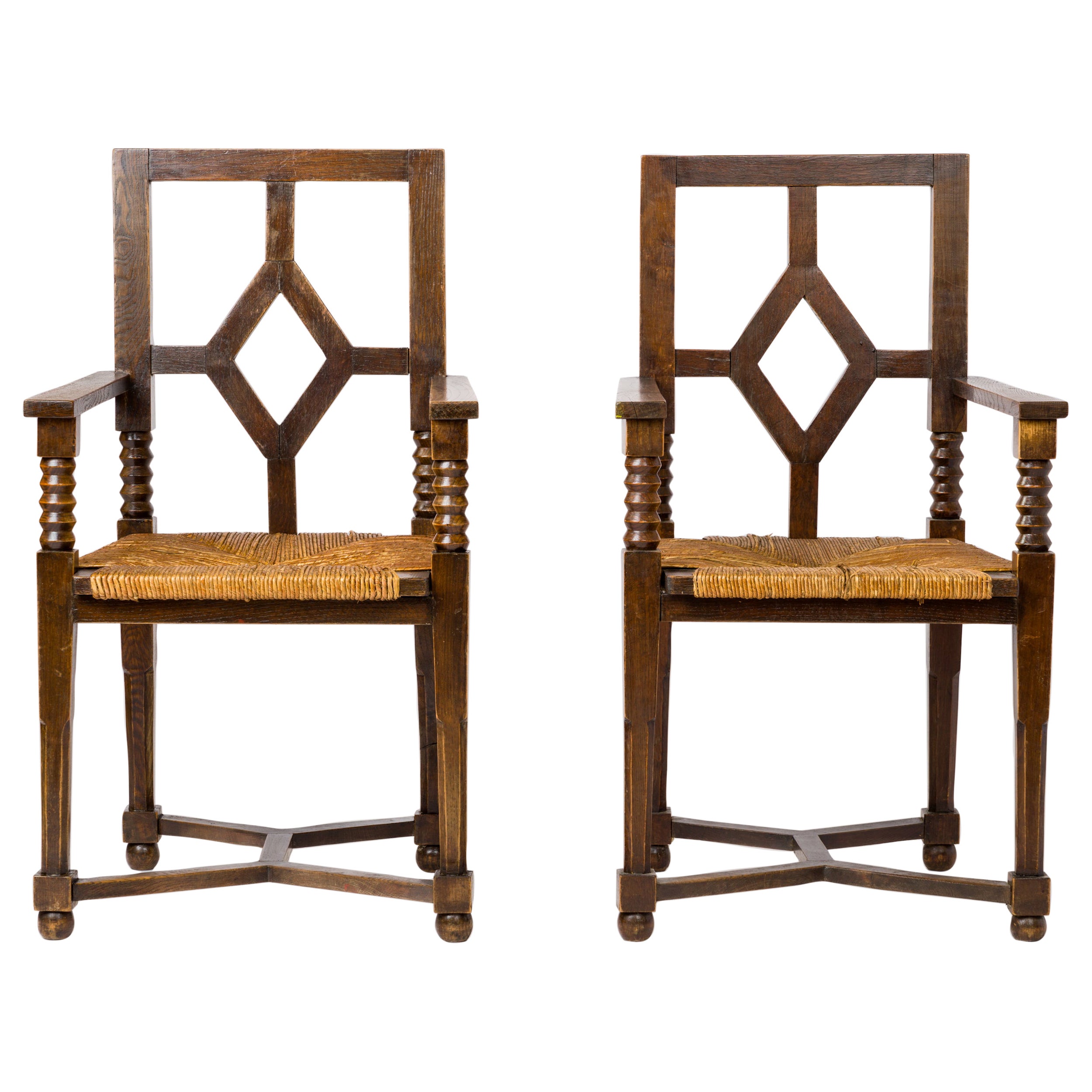 Dudouyt Inspired Regionalist Armchairs in Stained Oak & Rush - France 1940's For Sale