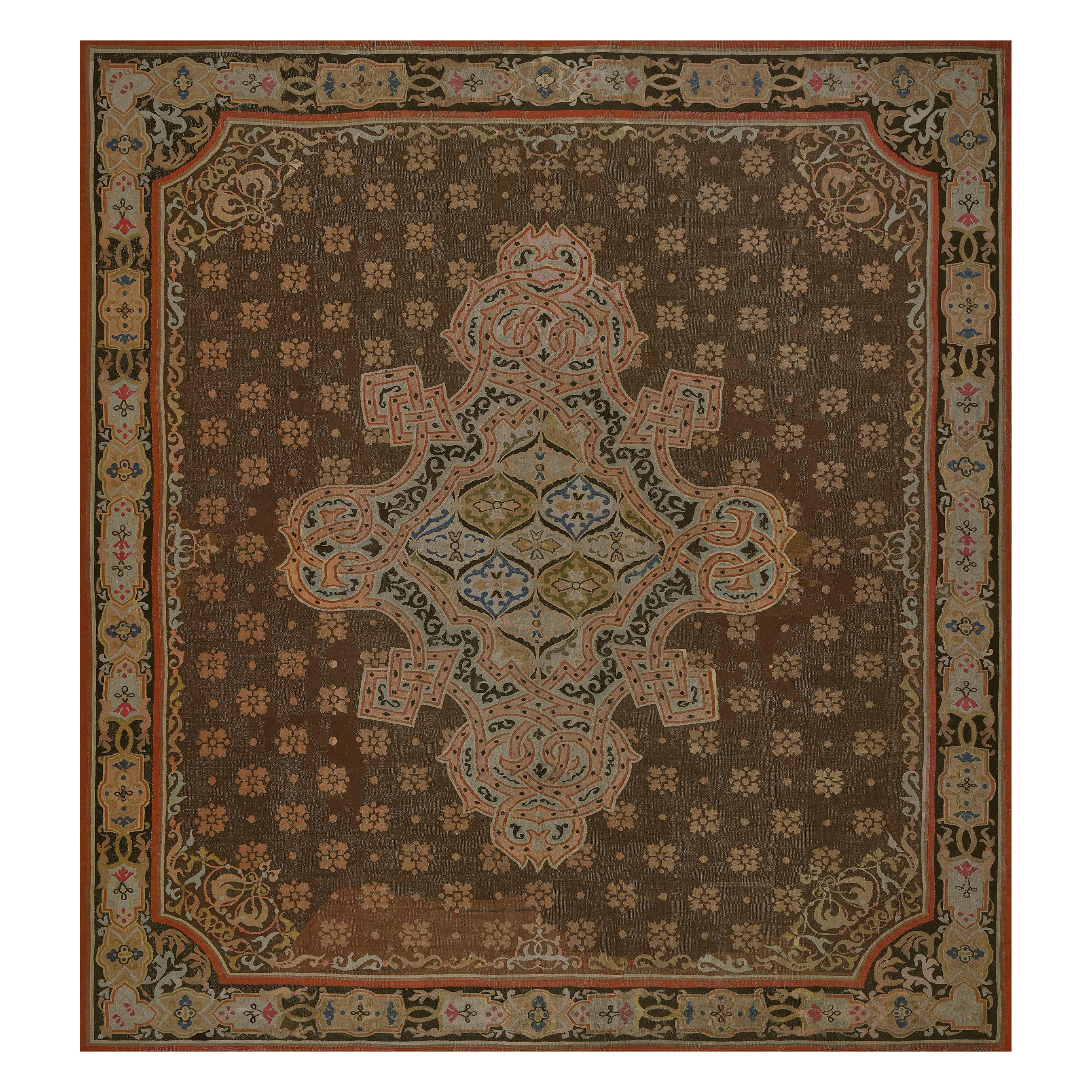 Early 19th Century Handmade Brown Wool Floral French Aubusson Rug For Sale