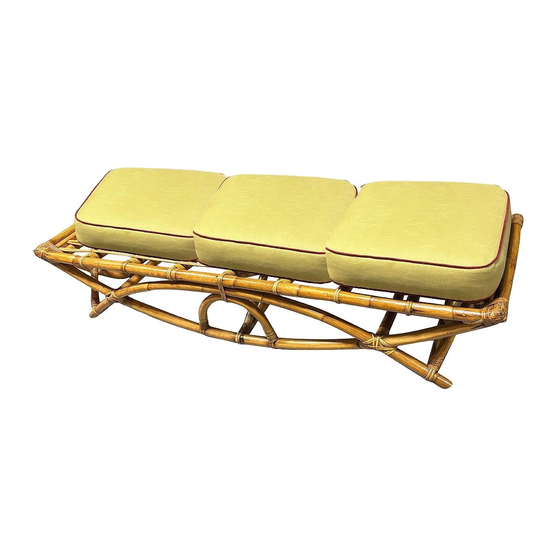 Restored Rattan Three-Seater "Eye" Bench by Paul T Frankl For Sale