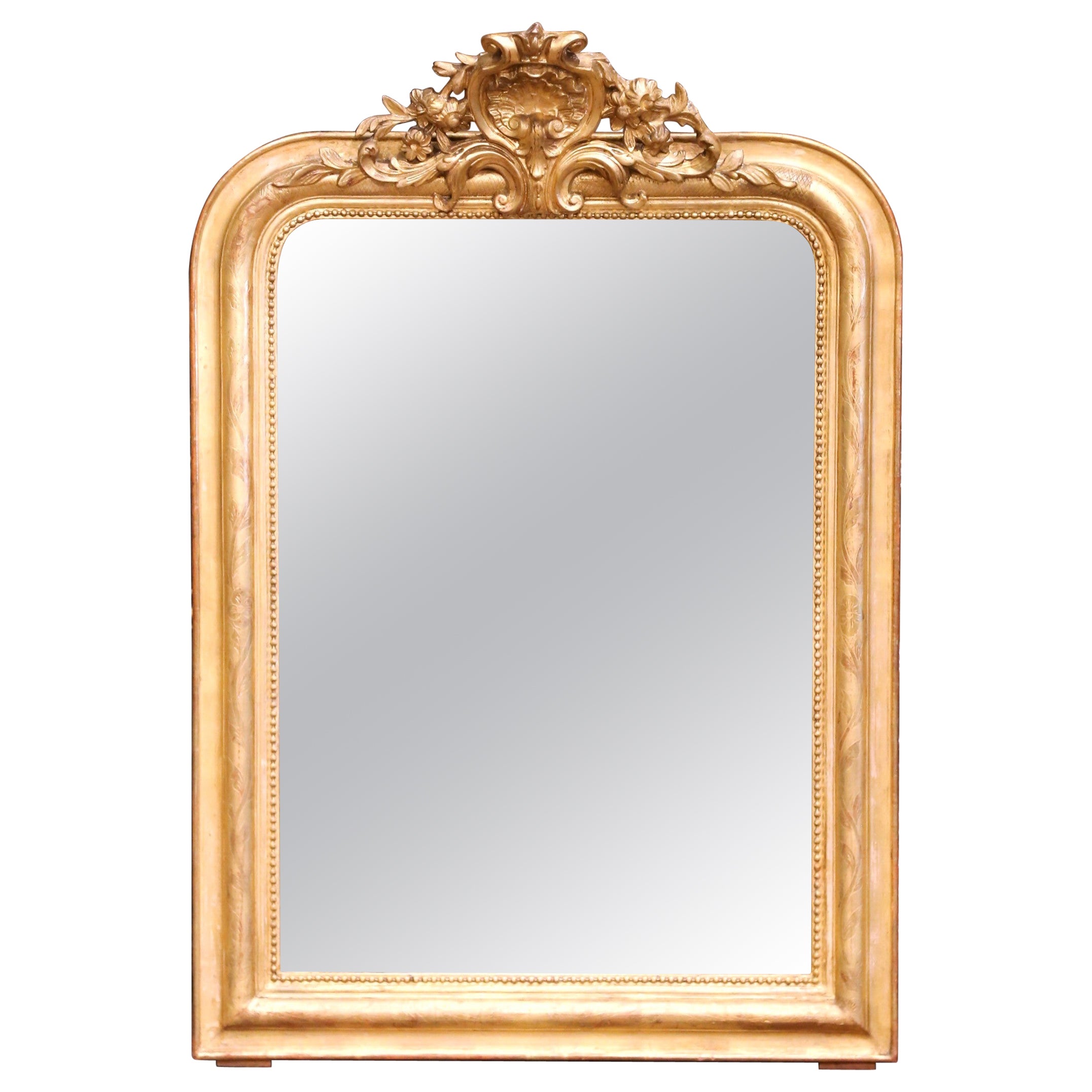 19th Century Louis Philippe Giltwood Mirror with Carved Shell & Engraved Motifs