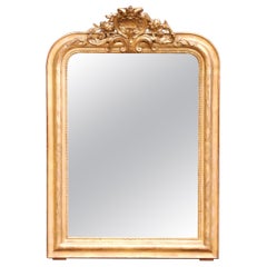 19th Century Louis Philippe Giltwood Mirror with Carved Shell & Engraved Motifs