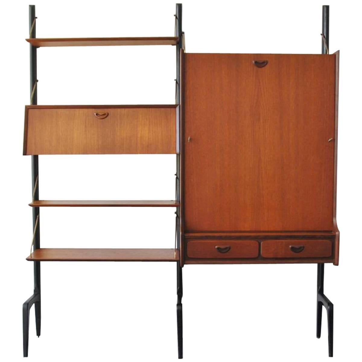 Wall Unit in Teak with Foldable Table by Louis Van Teeffelen for Wébé, 1950s