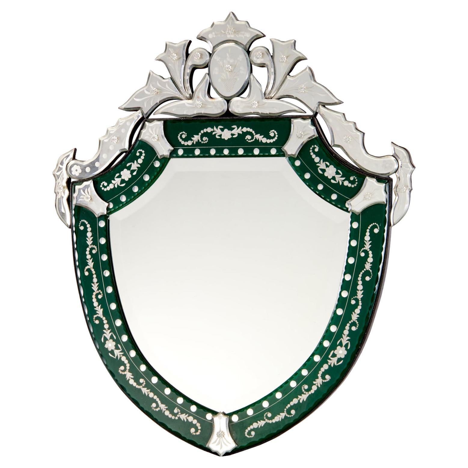 Vintage Venetian Style Shield-Form Etched and Green Glass Wall Mirror