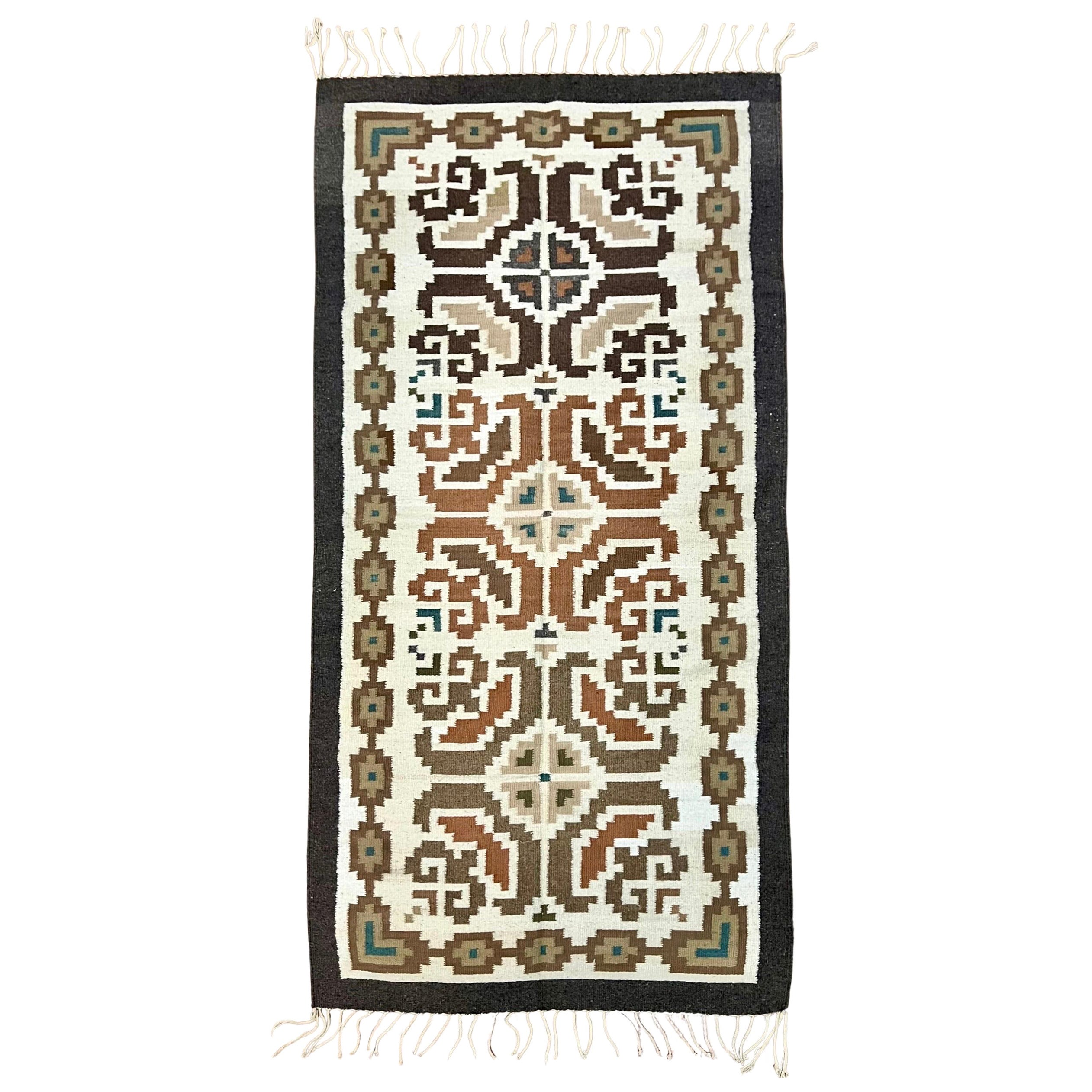 Handcrafted Native American Navajo Rug in Brown, Cream and Turquoise For Sale
