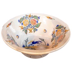 1850s Glazed Ceramic Basin from Manises Decorated with Flowers and an Equestrian