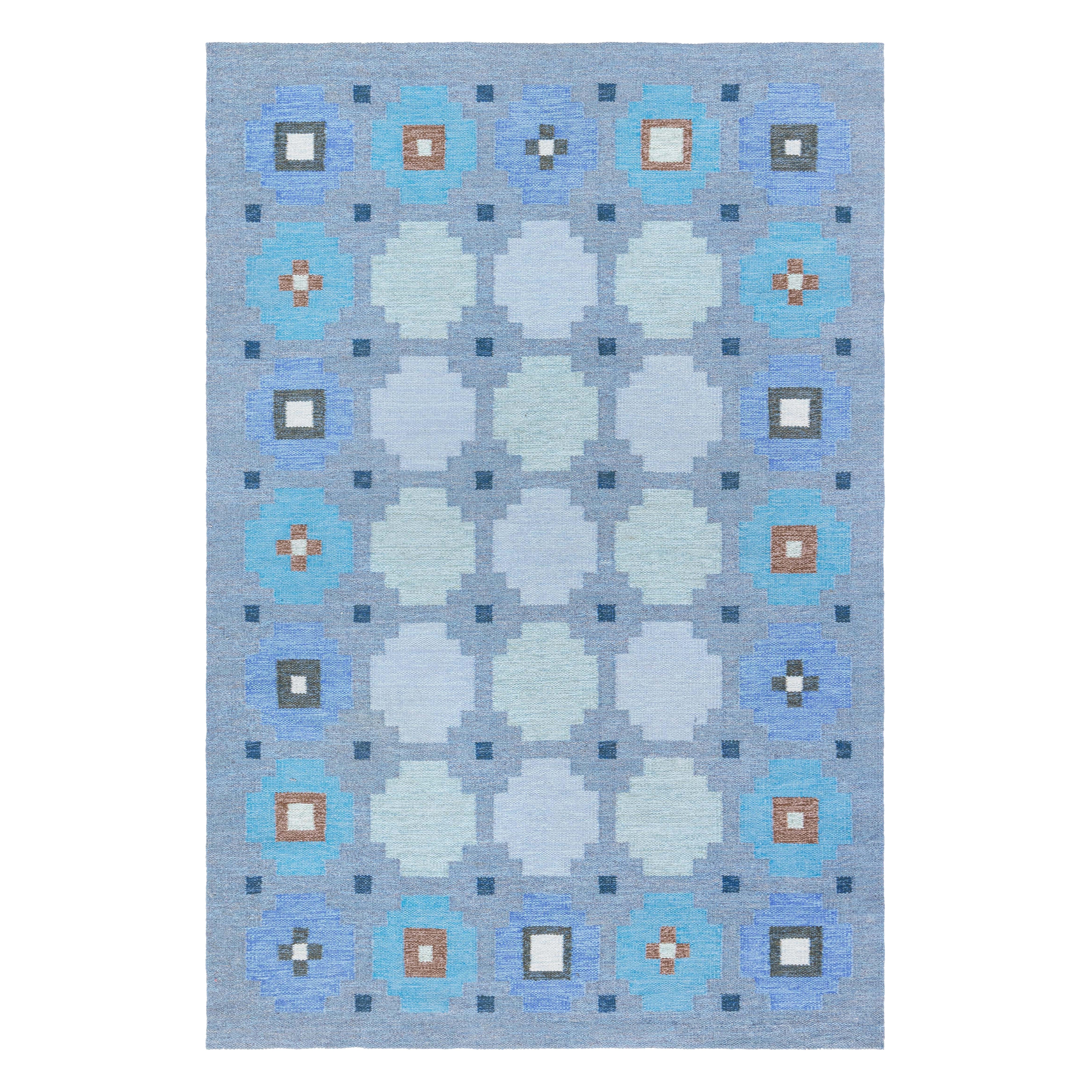 Tappeto a tessitura piatta Doris Leslie Blau Swedish Geometric Blue in vendita