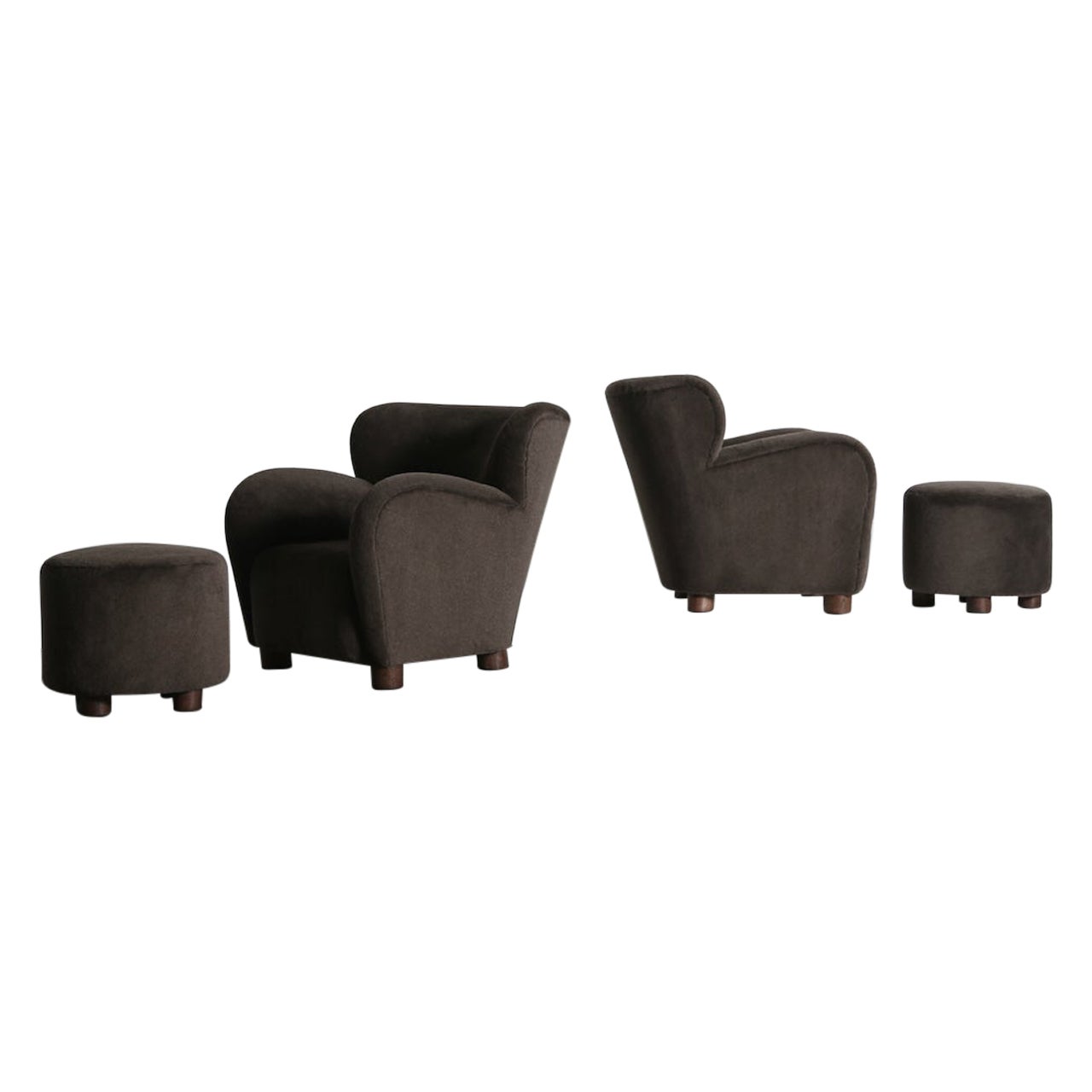 Pair of Lounge Chairs / Armchairs and Ottomans, Upholstered in Pure Alpaca