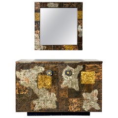 Armoire patchwork Paul Evans avec plateau en ardoise et miroir mural suspendu des années 1960