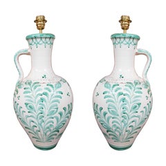 Pair of Jug-Shaped Lamps in White and Green Glazed Ceramic
