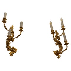 Beautiful pair of 19thC bronze 3 arm wall lights with rock crystal candle tubes