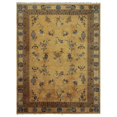 Antique Samarkand Rug in Gold with Floral Pattern and Pictorials - Rug and Kilim