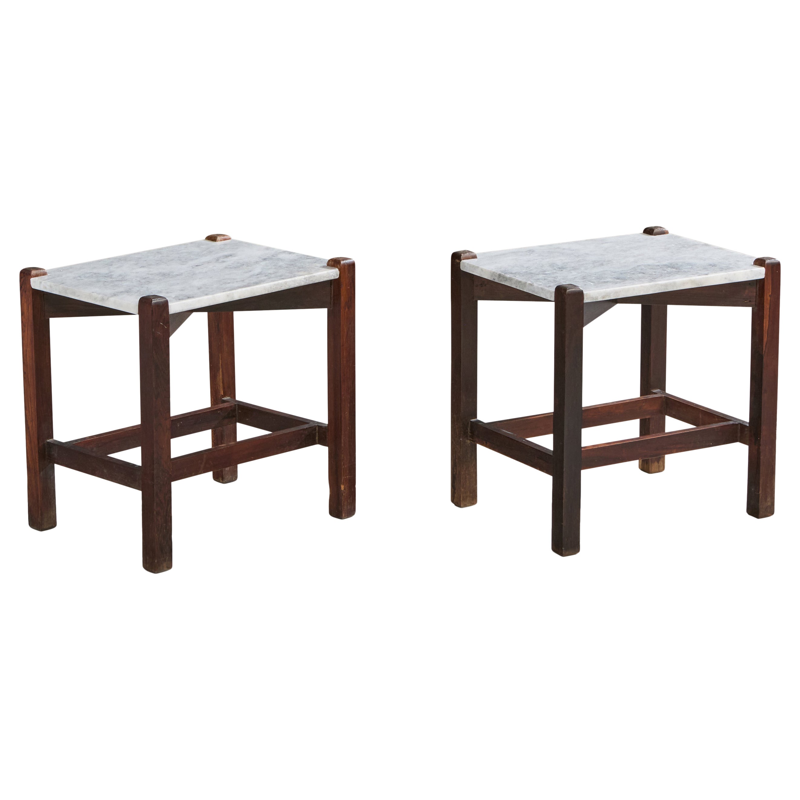 Brasilianischer Designer, Beistelltische, Holz, Marmor, Brasilien, 1960er Jahre