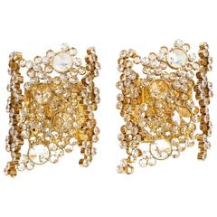 Pair of Gilt Brass and Crystal Glass Encrusted Sconces by Palwa
