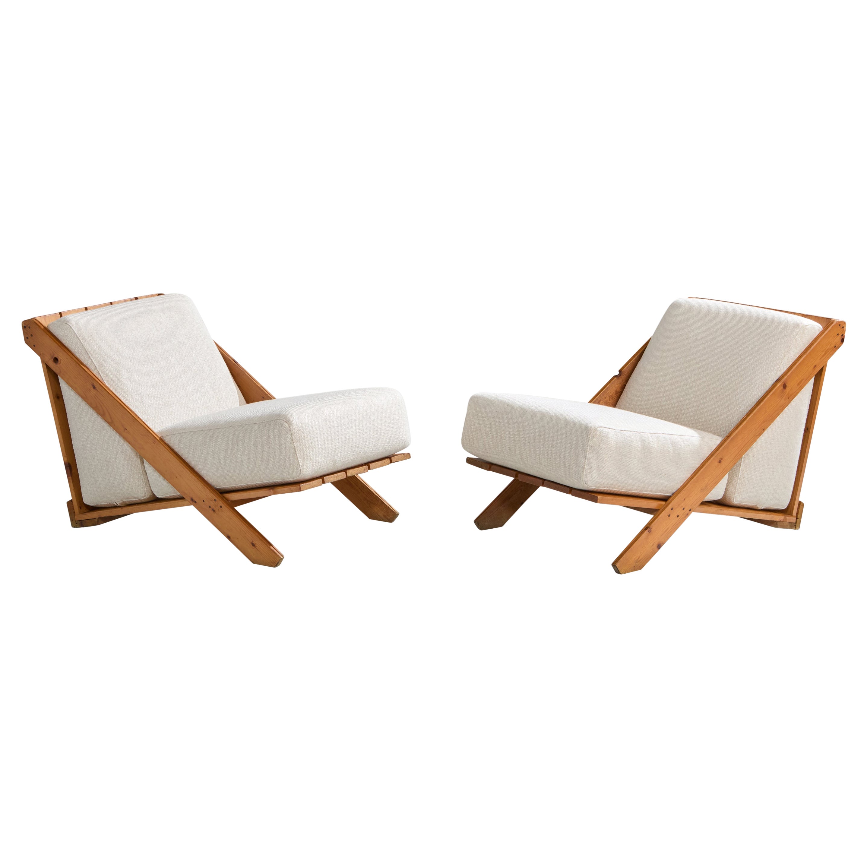 Italian Designer, Lounge Chairs, Pine, Fabric, Italy, 1970s For Sale