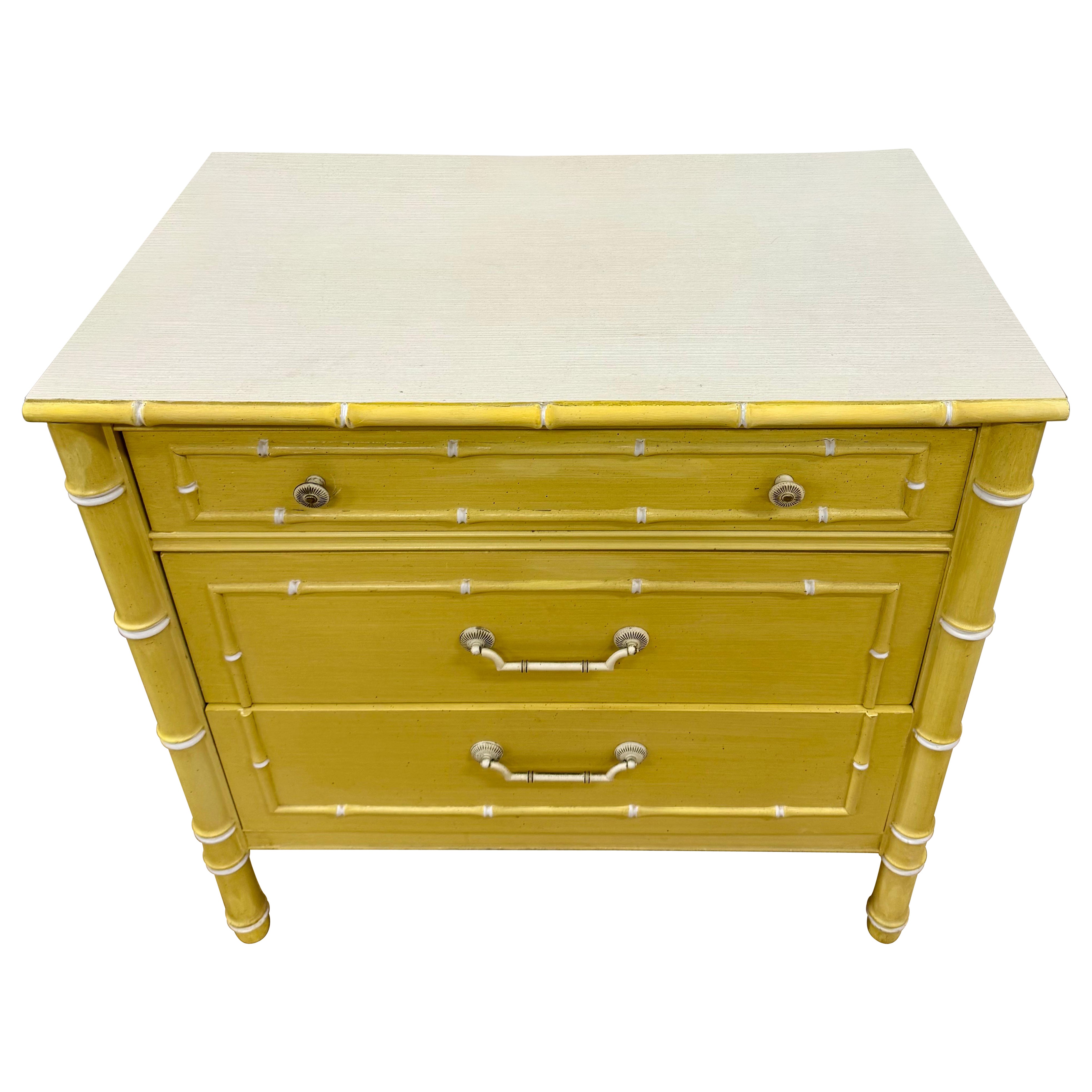 Thomasville Allegro Midcentury Yellow Faux Bamboo Small Chest Commode Nightstand