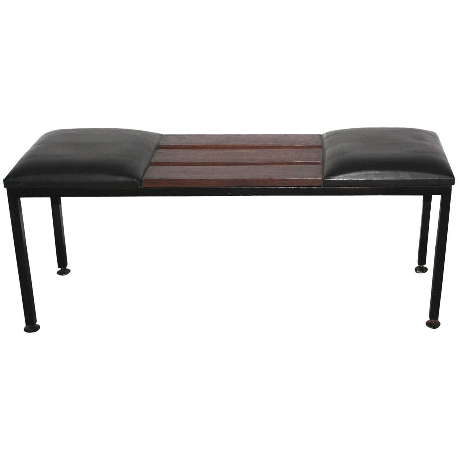 1950s Italian Bench in Metal, Leather and Wood For Sale