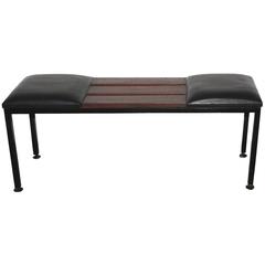 Vintage 1950s Italian Bench in Metal, Leather and Wood