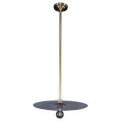 Industrial Flat Disc Milk Glass Brass Pole Pendant Light