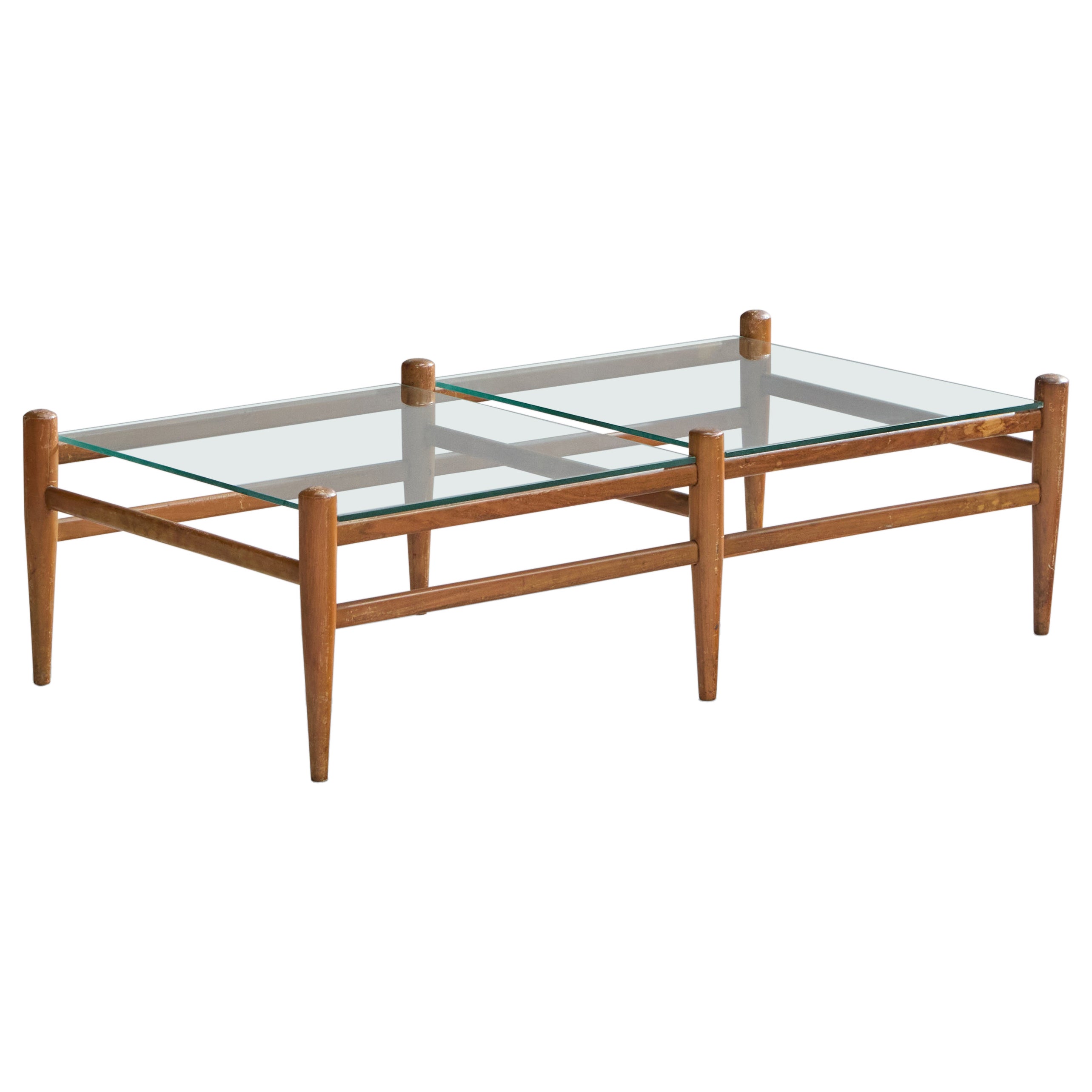 Brasilianischer Designer, Couchtisch, Holz, Glas, Brasilien, 1950er Jahre