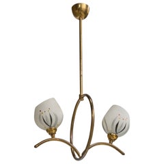 French Designer, Chandelier, Brass, Glass, France, 1950s
